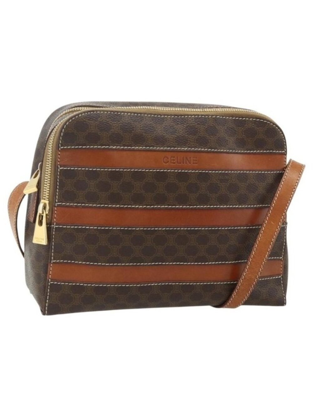 Authentic CELINE Macadam Canvas Shoulder Bag PVC Leather Brown Gold